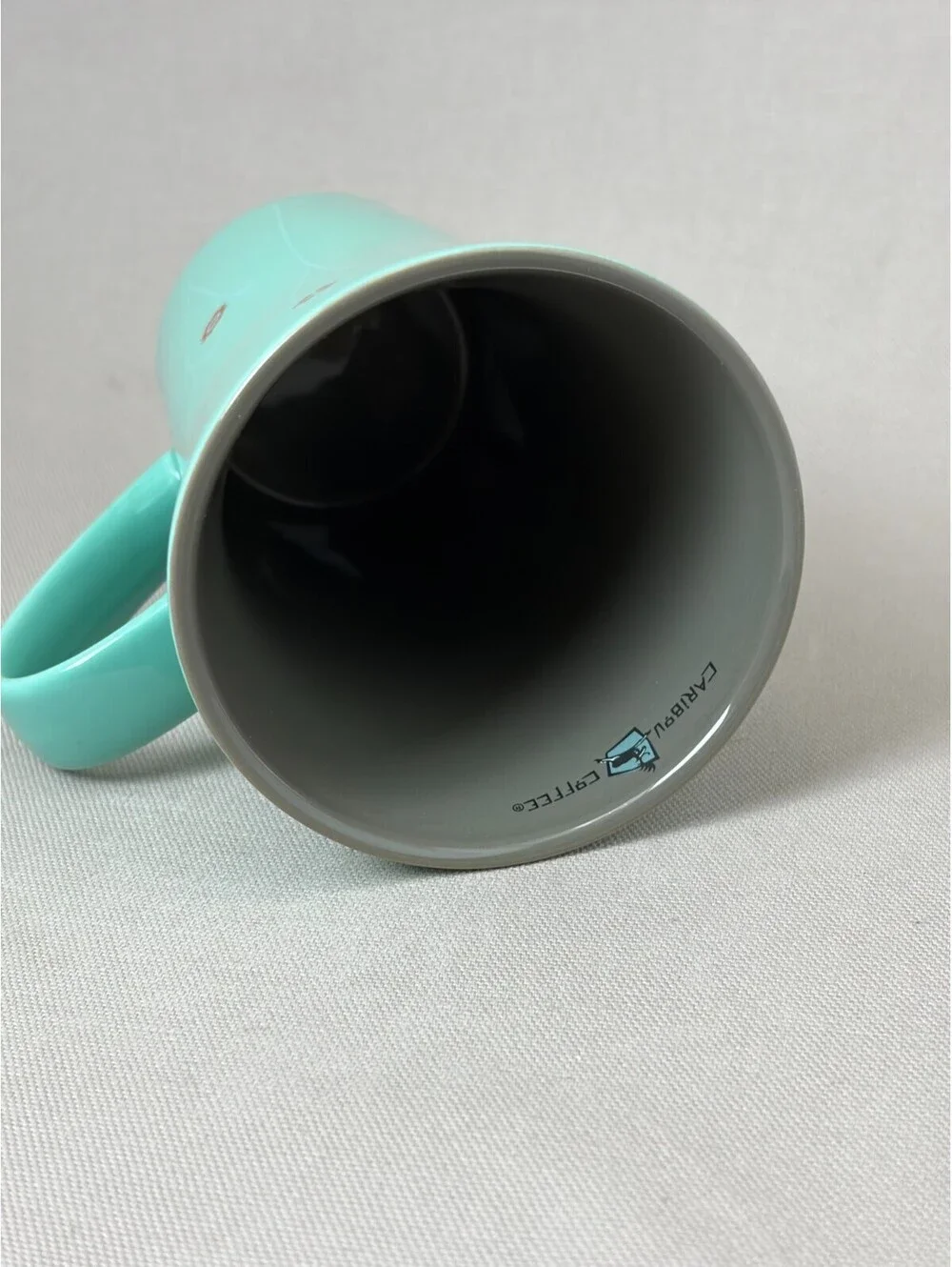 Caribou Coffee Tall Latte Mug Seafoam Teal Grey Snowflake Floral Ceramic Cup 16o